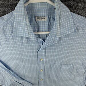 Balmain Men Button Up Long Sleeve Shirt Cotton Blend Size 16 Check Blue Woven